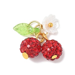 Красный Подвески-вишни из полимерной глины ручной работы со стразами, с железными штифтами с плоской головкой, латунными штифтами с шаровидной головкой, прозрачными акриловыми подвесками, колпачками из искусственного жемчуга и 304 соединительными кольцами из нержавеющей стали, красные, 18 мм, отверстие : 4.5 мм