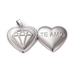 Stainless Steel Color 304 Stainless Steel Locket Pendants, Photo Frame Charms for Necklaces, Heart with Diamond & TE AMO, Stainless Steel Color, 29x29x6.5mm, Hole: 3.5x7mm, Inner Size: 16x21mm