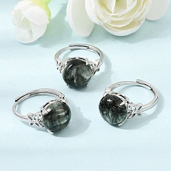 Séraphinite Micro cuivres ouvrent zircons bagues, ronde, avec de la séraphinite naturelle, platine, plat rond: 12x12 mm, taille us 6 (16.5 mm)