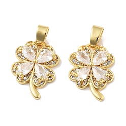 Настоящее золото 18K Клевер латунные микро проложить кубического циркония подвески, без кадмия, без никеля и без свинца, реальный 18 k позолоченный, 16x13x3.5 мм, отверстие : 4.5x2.5 мм