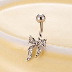 Платина Латунные кольца-банты с прозрачным кубическим цирконием в форме изогнутой штанги, платина, 28x10x10 мм, штифты : 1.8 мм, Руководитель: 5 mm