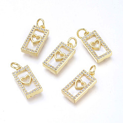 Настоящее золото 18K Латунные микро проложить кубического циркония подвески, с прыжковыми кольцами и натуральной оболочкой, долговечный, без кадмия и без свинца и без никеля, Прямоугольник с сердцем, прозрачные, реальный 18 k позолоченный, 16x8x3 мм, отверстие : 3.4 мм