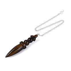 Tiger Eye Natural Tiger Eye Dowsing Pendulum Pointed Pendants, with Iron Chain & Glass, Bullet Charms, Silver Color Plated, 259~265mm, Hole: 2mm