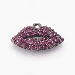 Черный Цвет Металла Латунные микро проложить кубического циркония прелести, губа, фуксиново-красные, металлический черный , 9.5~10x17x3.5 мм, отверстие : 1.5 мм