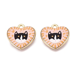 Black Valentine's Day Printed Alloy Pendants, Rack Plating, Heart & Cat Charms, Cadmium Free & Nickel Free & Lead Free, Golden, Black, 17x17.5x3mm, Hole: 1.6mm