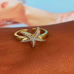 Морская звезда Регулируемые манжеты из латуни и прозрачного кубического циркония, золотые, морская звезда, внутренний диаметр: 15~20 мм