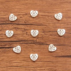 Античное Серебро Сплавочные бусины, сердце с отпечатком лапы собаки, античное серебро, 11x11 мм, отверстие : 1 мм