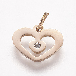 Розовое Золото 316 полые брелоки из хирургической нержавеющей стали, со стразами, сердце, розовое золото , 9x12x1.5 мм, отверстие : 3.5 мм