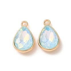Light Blue Alloy Glass Pendants, Teardrop Charms, Golden, Faceted, Light Blue, 19.5x12.5x5.5mm, Hole: 2mm