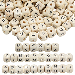 Letter 600 шт. бусины из натурального клена с принтом, горизонтальное отверстие, куб с начальной буквой, бланшированный миндаль, буквы, 10x10x10 мм, отверстие : 3~4 мм