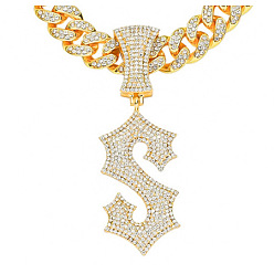 Letter S Ожерелья из кубинской цепи с подвеской в виде буквы из сплава, полностью украшенные кристаллами и стразами, для мужчин, Письмо с, 19.69 дюйм (50 см), Кулон : 76x25 мм