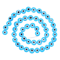 Light Blue 2 Strands Evil Eye Lampwork Bead Strands, Flat Round, Light Blue, 8mm, Hole: 1mm, about 47pcs/strand