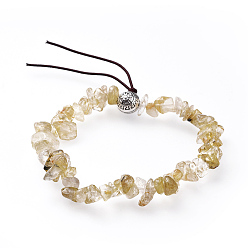 Rutilated Quartz Chip Natural Rutilated Quartz Stretch Bracelets, with Alloy Round Beads, Antique Silver, 1-7/8 inch(4.9cm)