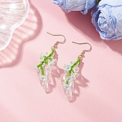 Бледно-бирюзовый Серьги-подвески из стеклянных бусин ручной работы, с акриловой, золотые, ветка цветка лилии, бледные бирюзовая, 62x14~20 мм