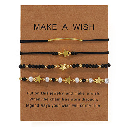 Black Faux Pearl & Brass & Glass Braided Bead Bracelet Sets, Star Multi-Strand Adjustable Stackable Bracelets, Golden, Black, 11.02 inch(28cm), 4pcs/set