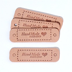 Dark Salmon Microfiber Leather Labels, Handmade Embossed Tag, with Holes, for DIY Jeans, Bags, Shoes, Hat Accessories, Rectangle with Word Handmade, Dark Salmon, 15x55mm