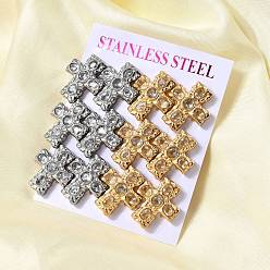 Прозрачный 6 пары 304 серьги-гвоздики с крестом из нержавеющей стали с кубическим цирконием, вакуумное покрытие pvd, золотые и нержавеющая сталь цвет, прозрачные, 21x18 мм
