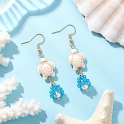 Turtle Серьги-подвески из ракушечного стекла, золотые, с имитацией жемчуга, черепаха, 57.5x14 мм