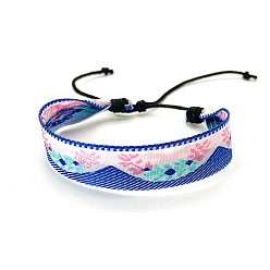 Pink Bohemia Polyester Braided Flat Cord Bracelet, Adjustable Bracelet for Women, Pink, 6-1/2~9-7/8 inch(16.5~25cm)