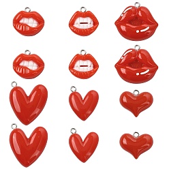 Red 12Pcs 6 Styles Opaque Resin Pendants, Lip & Heart, with Platinum Loop, Red, 18~27x20.5~27.5x6.5~7mm, Hole: 2mm