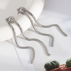 Серебро Серьги-гвоздики с кисточками из нержавеющей стали, цепочка-змея, серебряные, 90x12.7 мм