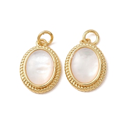 Real 18K Gold Plated Brass & Natural White Shell Pendants, Twisted Rope Edge Oval Charm, Long-Lasting Plated, Cadmium Free & Lead Free, Real 18K Gold Plated, 18x12.5x3.5mm, Hole: 3mm
