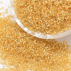 Goldenrod 8/0 Round Glass Seed Beads, Silver Lined Square Hole, Transparent Colours, Goldenrod, 2.8~3.2mm, Hole: 1.0mm, about 15000pcs/pound
