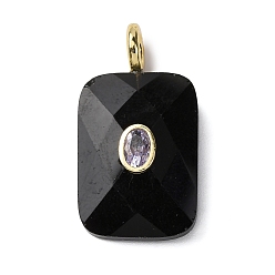 Обсидиан Ограненные подвески из натурального обсидиана, Прямоугольные подвески с латунными фианитами в оправе., стойки покрытие, золотые, 33~34x18x7.5~8 мм, отверстие : 4 мм