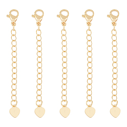 Настоящее золото 18K 15шт. латунный удлинитель цепи, с застежками из клешней лобстера и крошечным сердечком, без кадмия, без никеля и без свинца, реальный 18 k позолоченный, 57 мм, отверстие : 2.5x3 мм