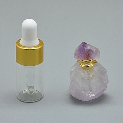 Amethyst Natural Amethyst Openable Perfume Bottle Pendants, with Brass Findings and Glass Essential Oil Bottles, 36~39x21~25x15~19mm, Hole: 1.2mm, Glass Bottle Capacity: 3ml(0.101 fl. oz), Gemstone Capacity: 1ml(0.03 fl. oz)
