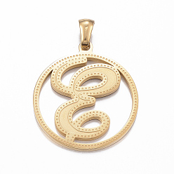 Golden Ionenbeschichtung (IP) 304 Edelstahlanhänger, flach rund mit letter.e, golden, 28x25x1.2 mm, Bohrung: 6x3 mm