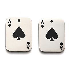 Черный 304 подвески из нержавеющей стали, с эмалью, прямоугольник с шармом туз пик, чёрные, 20x15x1.5 мм, отверстие : 1.2 мм