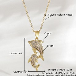 Dolphin Ожерелья с подвесками Ocean Summer из латуни с прозрачными кубическими цирконами и паве, золотые, дельфин, 17.72 дюйм (45 см), Кулон : 28x13 мм