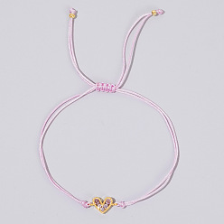 Бледно-Розовый Латунные браслеты с сердечками из кубического циркония, регулируемые плетеные браслеты из полиэфирной нити для женщин, розовый жемчуг, внутренний диаметр: 11 дюйм (28 см)