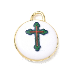 Dark Green Printed Brass Pendants, Flat Round & Cross Pattern Charms, Rack Plating, Long-Lasting Plated, Lead Free & Cadmium Free, Real 18K Gold Plated, Dark Green, 21x17x4mm, Hole: 3mm