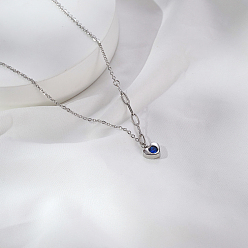 Серебро 304 Женские ожерелья с подвеской в виде сердца из нержавеющей стали с синими кубическими цирконами и паве, серебряные, 17.72 дюйм (45 см)