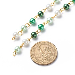 Green Handmade Glass Pearl Beaded Chains, with Brass Eye Pins, Unwelded, Green, 13x6mm, about 3.28 Feet(1m)/Strand