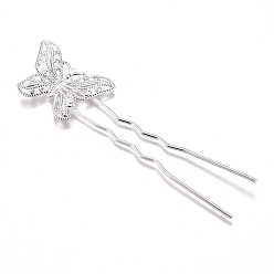 Silver Iron Hair Fork Findings, with Brass Butterfly Filigree Findings, Silver Color Plated, 85.5x22x3mm, Butterfly: 30x20mm