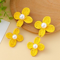 Золотистый Серьги-гвоздики с цветочной латунной фурнитурой из рафии, золотые, с имитацией жемчуга, золотые, 88 мм