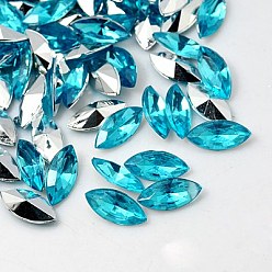Bleu Ciel Cabochons de strass acrylique  , dos pointu et à facettes, oeil de cheval, bleu ciel, 32x18x6.5mm, environ 200 pcs / sachet 