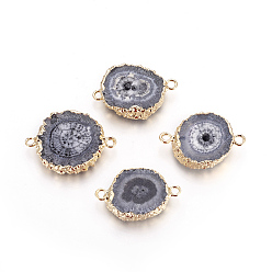 Серый Соединители звеньев естественного окрашенного кварца, с латунной фурнитурой , плоско-круглые, золотые, серые, 24.5~33x16~23x4~6 мм, отверстие : 2~2.5 мм