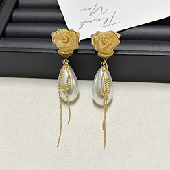 Oro Pendientes colgantes de aleación y perlas de imitación para mujer, flor con lágrima, dorado, 80 mm