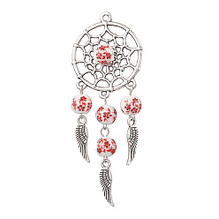 Красный Тибетский сплав стиля большие кулоны, паутина с пером, с фарфоровой керамикой с цветочным принтом ручной работы, античное серебро, красные, 75x28.5x9 мм, отверстие : 1.8 мм