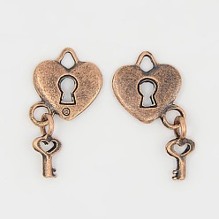 Красная Медь Подвески из сплава в тибетском стиле, сердцем и ключевыми, Красная медь, без свинца, без никеля и без кадмия, Сердце: 15x12.5x2 mm, отверстие : 3.5 мм, Ключ: 12x5.5x1 мм