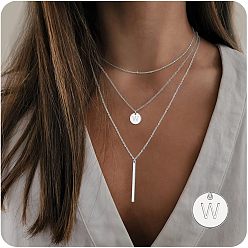 Letter W 3 шт. простой стиль латунная монета буква прямоугольник кулон 3 многослойные ожерелья, серебряные, Буква W, 17.72 дюйм (45 см)