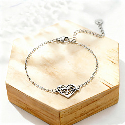Stainless Steel Color 304 Stainless Steel Hollow Heart Link Bracelets, Cable Chain Bracelets for Women, Tarnish Free, Stainless Steel Color, 6.69 inch(17cm)