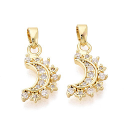 Настоящее золото 18K Латунные микропаве прозрачные подвески с фианитом, Луна прелести, реальный 18 k позолоченный, 17.5x9.5x2 мм, отверстие : 4.5x2.5 мм