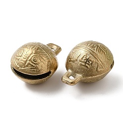 Raw(Unplated) Brass Bell Pendants, Round with Tiger Face, Raw(Unplated), 46x36x30mm, Hole: 2mm