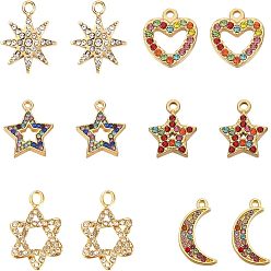 Colorful 12Pcs 6 Style Alloy Rhinestone Pendants, Mixed Shape, Golden, Colorful, 12.5~24x9~22x1.5~4mm, hole: 1.2~1.4mm, 2pcs/style