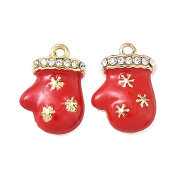 Красный Рождественские эмали сплава подвески, перчатки чары, бусины со стразами , золотые, красные, 16x11.5x3 мм, отверстие : 1.5 мм